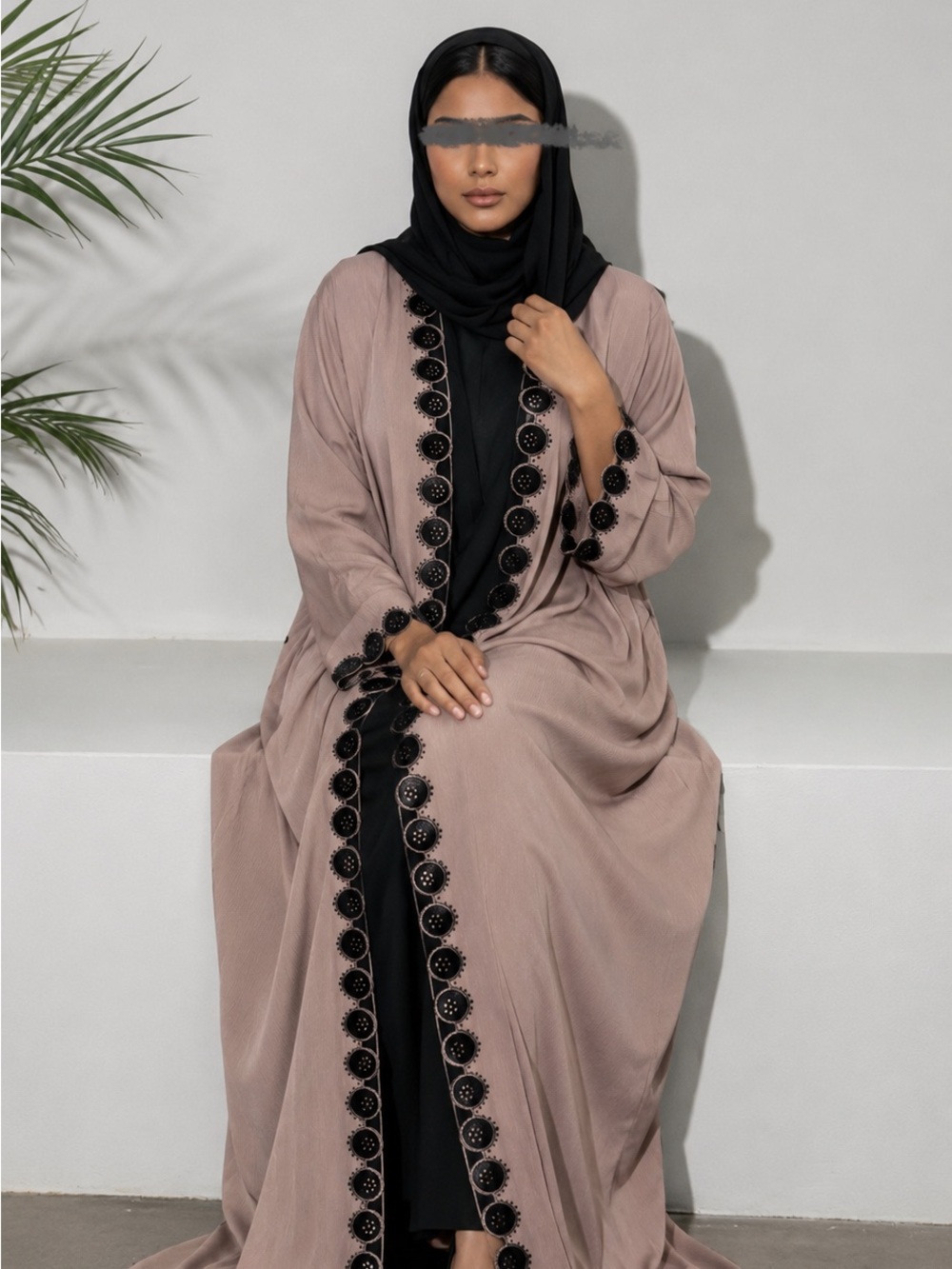 Modest Taupe Open Abaya with Black Trim